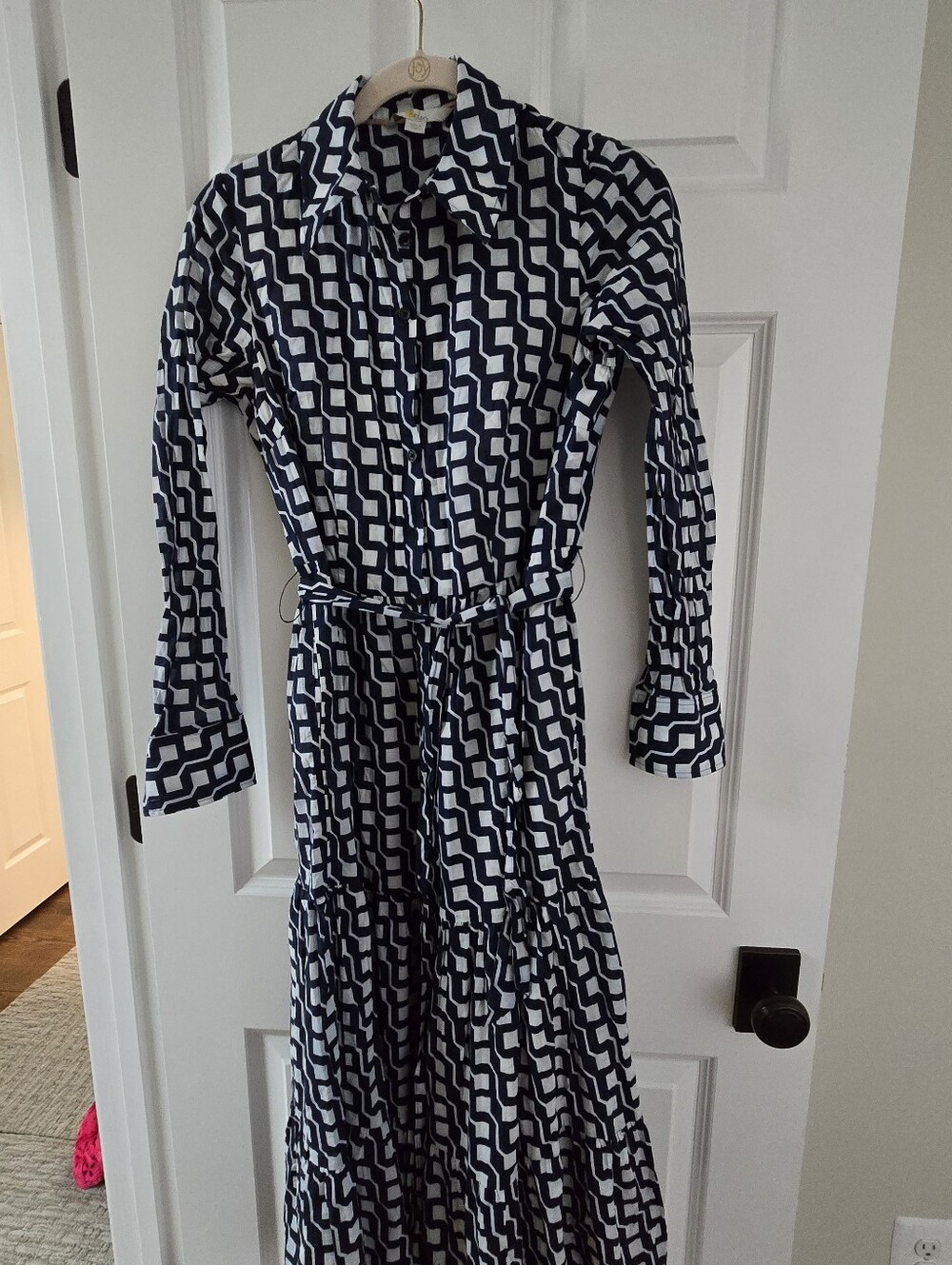 Boden US 4R Navy Blue White Geometric Print Belted Tiered Shirt Midi Dress 4